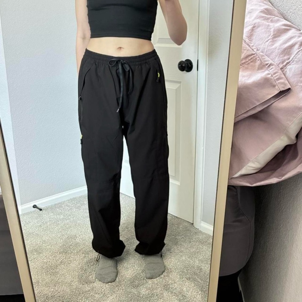 Black parachute cargo pants